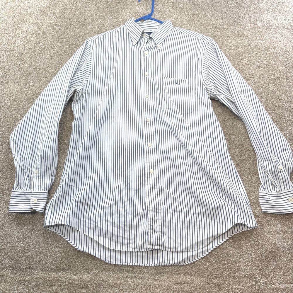 Lands End Mens 16/34 Pinpoint Oxford Striped Button Down Shirt Blue White Logo